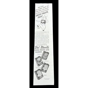Del Monte Dried Fruits and Raisins 1938 Vintage Print Ad Peaches Apricots Prunes